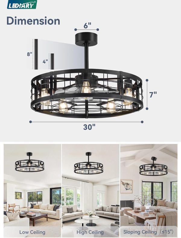 windphoto 30 inch Fandelier Caged Ceiling Fan with Light and Remote, Black | 6 Speed Adjustable,Timing, Quiet & Powerful DC, Large, Farmhouse, Industrial, Enclosed, Bladeless, Bedroom, Kitchen, Downrod