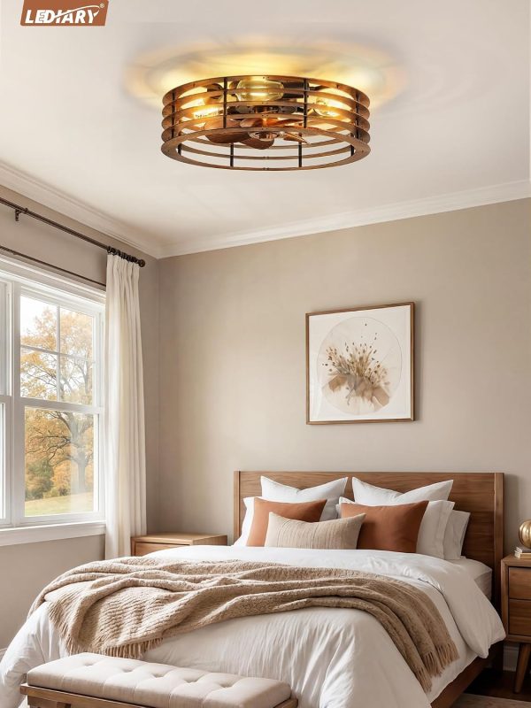 windphoto 20" Caged Low Profile Enclosed Ceiling Fan Light with Remote | Flush Mount, Bladeless Enclosed Fandelier, 6 Speed, Quiet Reversible DC, Rustic, Victorian, Rustic, Bedroom, Kitchen