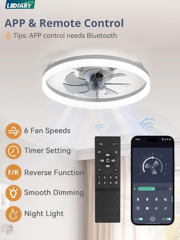 windphoto 20" Low Profile Ceiling Fans with Lights, APP & Remote, Grey | Flush Mount, Dimmable LED, Quiet DC Motor, Reversible, 6 Speeds, Fandelier, for Bedroom