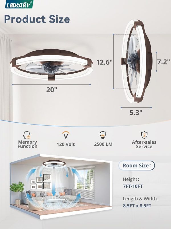 windphoto Ceiling Fan with Light 20" Low Profile Fandelier with Remote Brown | 6 Speeds, Reversible, Dimmable Flush Mount Fan Light, Modern Ceiling Fan with Lights for Bedroom Bladeless