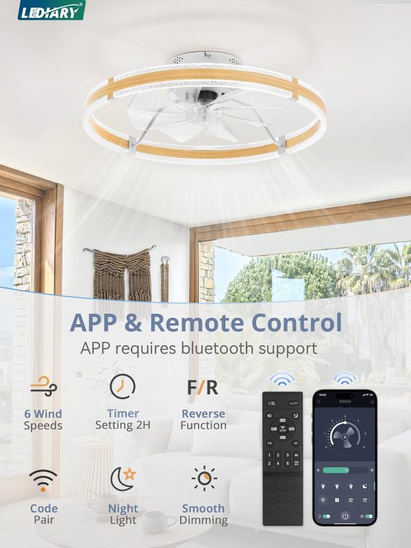 windphoto 24'' Low Profile Ceiling Fans with Lights and Remote, Wood Grain | 3000-6000K Dimmable LED, 6 Wind Speeds, Quiet Reversible DC Motor, Small Flush Mount Fandelier for Bedroom, Living Room