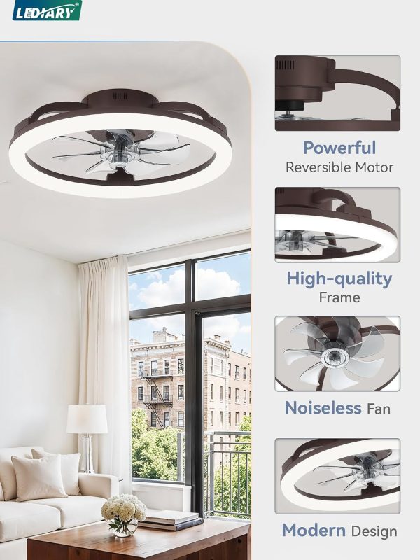 windphoto 20" Ceiling Fans with Lights and Remote for Bedroom, Brown | Low Profile Fan Light, 3000K-6000K Stepless Dimmable Fandelier, 6 Speed, Reversible DC Motor, APP & Remote Control, Low Noice