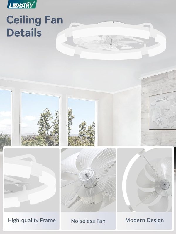 windphoto 24" Ceiling Fans with Lights, Low Profile Fandelier for Bedroom | Flush Mount Fan Light, Stepless Dimmable, App/Remote Control, 3 CCT Led, 6 Speeds, Quiet Reversible DC Motor, White