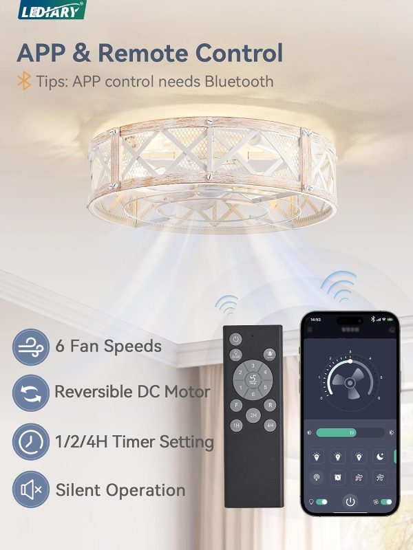 windphoto 20" Caged Farmhouse Ceiling Fan with Light, Flush Mount, White Gold | Remote&APP Control, Small Low Profile, Rustic Fandaliers, Industrial Bladeless Enclosed, Powerful Motor for Bedroom, Kitchen