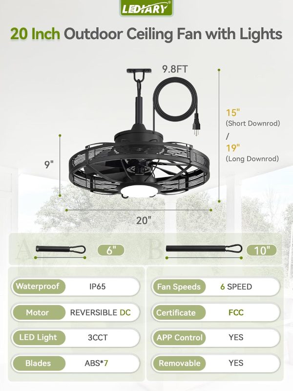 windphoto 20" Black IP65 Waterproof Outdoor Ceiling Fan with Light for Patios | APP&Remote Control,6-Speeds,3CCT Dimmable,Reverse DC Motor, Suitable for 10' x 12' Area,for Gazebo,Porch