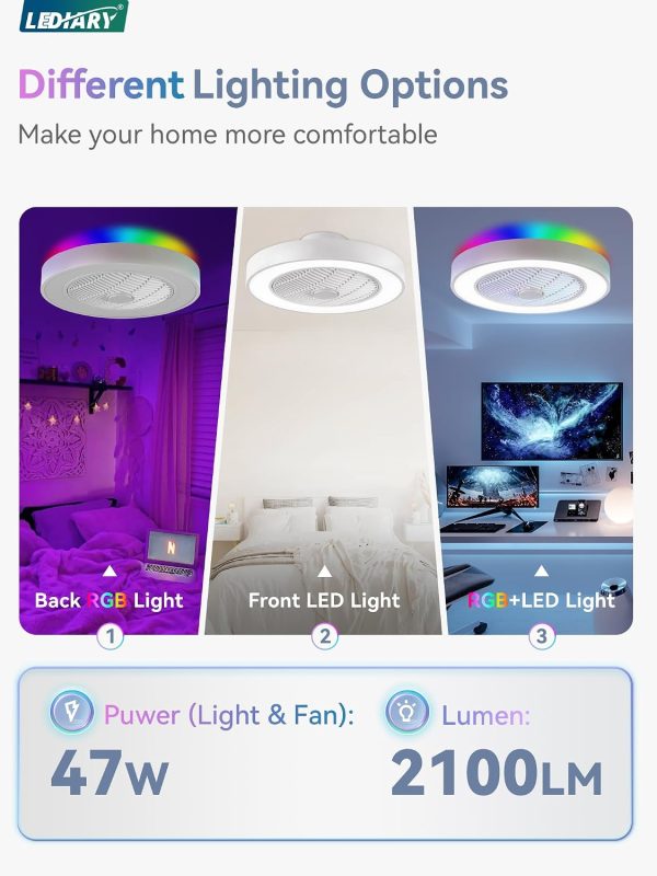 71sB9PeiiL._AC_SL1500_.jpg windphoto 20 Inch Low Profile Bladeless LED Ceiling Fan Light, White RGB | Flush Mount, Modern, 6 Speed Adjustable, 3000-6000K Dimmable, 3000LM, Indoor Bedroom Living Room, Remote/APP Control