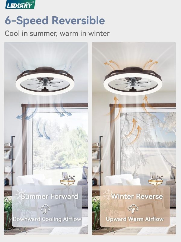 windphoto 20" Ceiling Fans with Lights and Remote for Bedroom, Brown | Low Profile Fan Light, 3000K-6000K Stepless Dimmable Fandelier, 6 Speed, Reversible DC Motor, APP & Remote Control, Low Noice