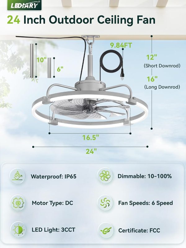 windphoto 24" Waterproof Grey Outdoor Ceiling Fan with Light for Gazebo | IP65 Wet Rated,APP Control,6-Speeds,3CCT Dimmable,Reverse DC Motor,Suitable for 12' x 14' Area,Plug In for Patio,Porch