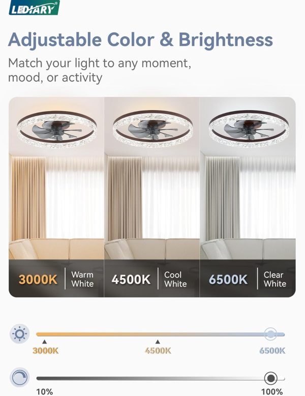windphoto 20" Modern Ceiling Fans with Lights and Remote, Dimmable Low Profile Ceiling Fan, Flush Mount Ceiling Fan, Stepless Color Temperature Change and 6 Speeds - Brown | Fandelier, Dimmable Low Profile, Flush Mount, Stepless Color Temperature Change, 6 Speeds, Bedroom, Living Room, Kitchen