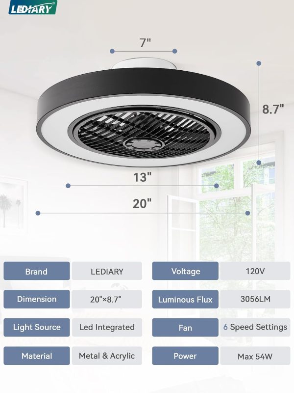 71t6Cq9F4hL._AC_SL1500_.jpg windphoto 20 Inch Low Profile Bladeless Enclosed LED Ceiling Fan Light, Black | Flush Mount, Modern, 6 Speed Adjustable, 3000-6000K Dimmable, 3000LM, Indoor Bedroom Living Room, Remote/APP Control