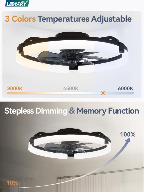 71tBqfOjfgL._AC_SL1500_.jpg windphoto 2 Pack 20" Ceiling Fans with Lights, Fandelier for Bedroom | Flush Mount Fan Light, Stepless Dimmable, App/Remote Control, 3 CCT Led, 6 Speeds, Quiet Reversible DC Motor, Black