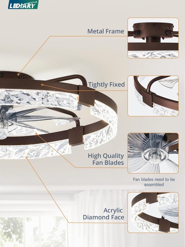 windphoto 24" Low Profile Ceiling Fans with Lights, APP & Remote, Brown | Flush Mount, Fandelier, 3000K-6000K, Dimmable LED, for Bedroom