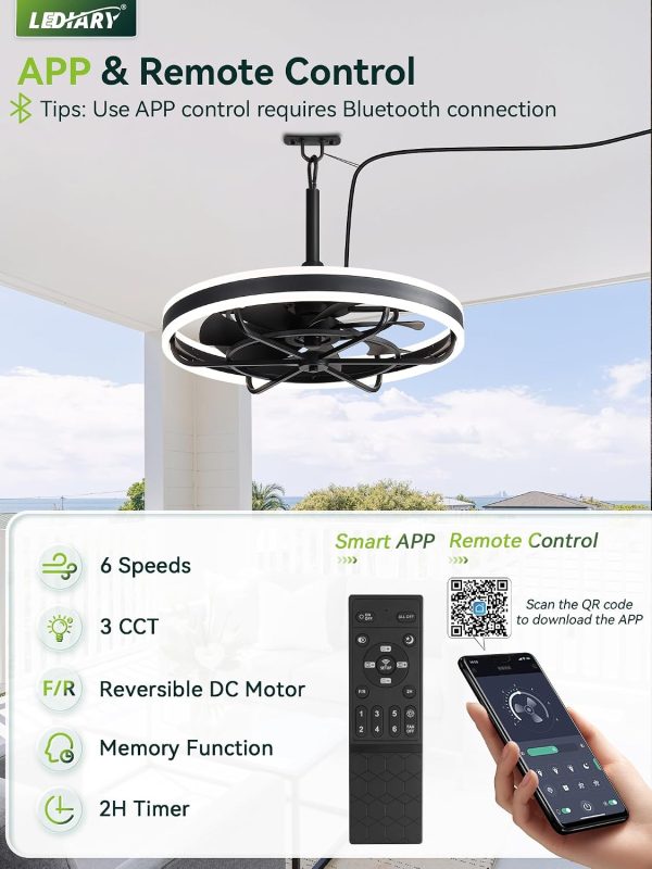 windphoto 24" Outdoor Ceiling Fans with Light, IP65 Waterproof Gazebo Fan | Outdoor Fan with Hanging Hook, Remote & App Control, 3CCT Dimmable,Timer, Caged Plug in Ceiling Fan for Patio, Porch, Pergola