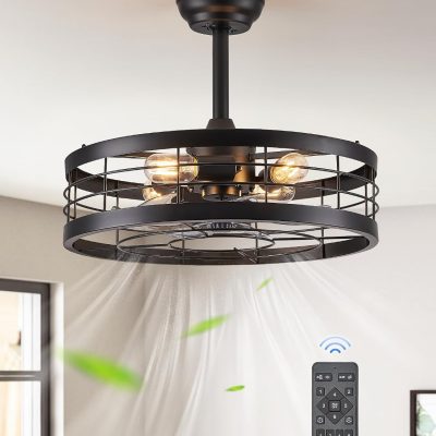 windphoto 20 inch Fandelier Caged Ceiling Fan with Light and Remote, Black | 6 Speed Adjustable,Timing, Quiet & Powerful DC, Small, Farmhouse, Industrial, Enclosed, Bladeless, Bedroom, Kitchen, Downrod