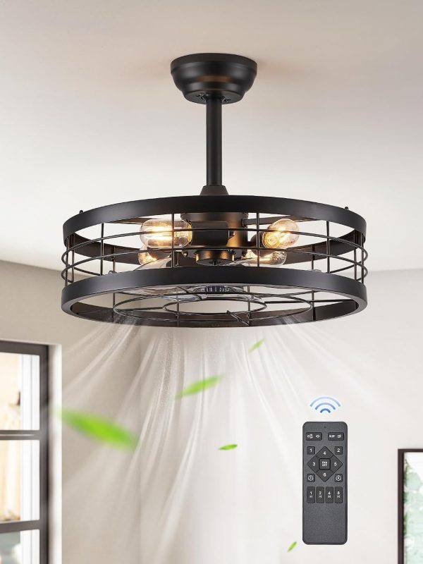 71twpOTnxJL._AC_SL1500_.jpg windphoto 20 inch Fandelier Caged Ceiling Fan with Light and Remote, Black | 6 Speed Adjustable,Timing, Quiet & Powerful DC, Small, Farmhouse, Industrial, Enclosed, Bladeless, Bedroom, Kitchen, Downrod