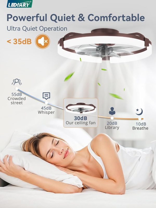 windphoto 20" Ceiling Fans with Lights, Low Profile Fandelier for Bedroom | Flush Mount Fan Light, Stepless Dimmable, App/Remote Control, 3 CCT Led, 6 Speeds, Quiet Reversible DC Motor, Brown