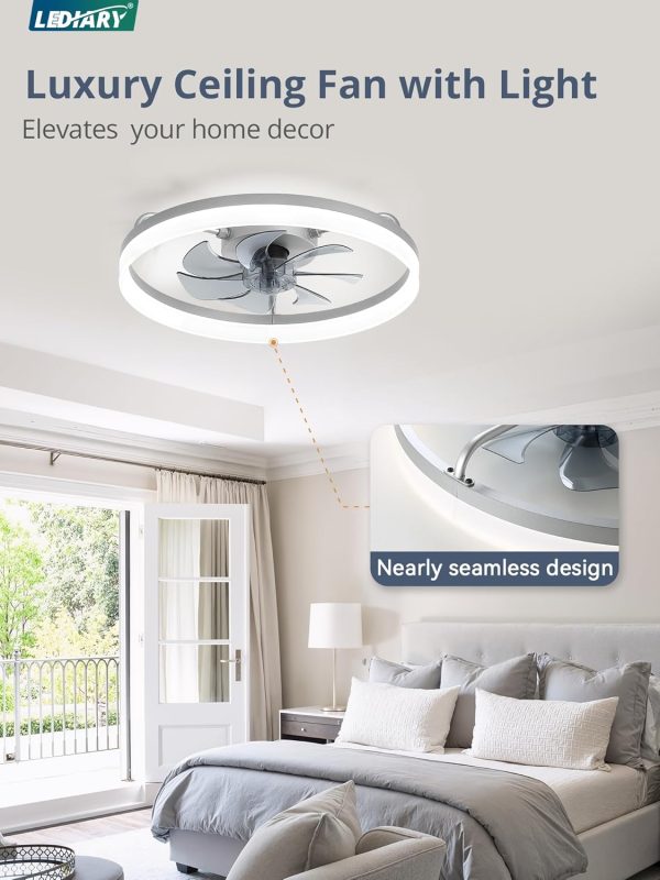 windphoto 20" Low Profile Ceiling Fans with Lights, APP & Remote, Grey | Flush Mount, Dimmable LED, Quiet DC Motor, Reversible, 6 Speeds, Fandelier, for Bedroom