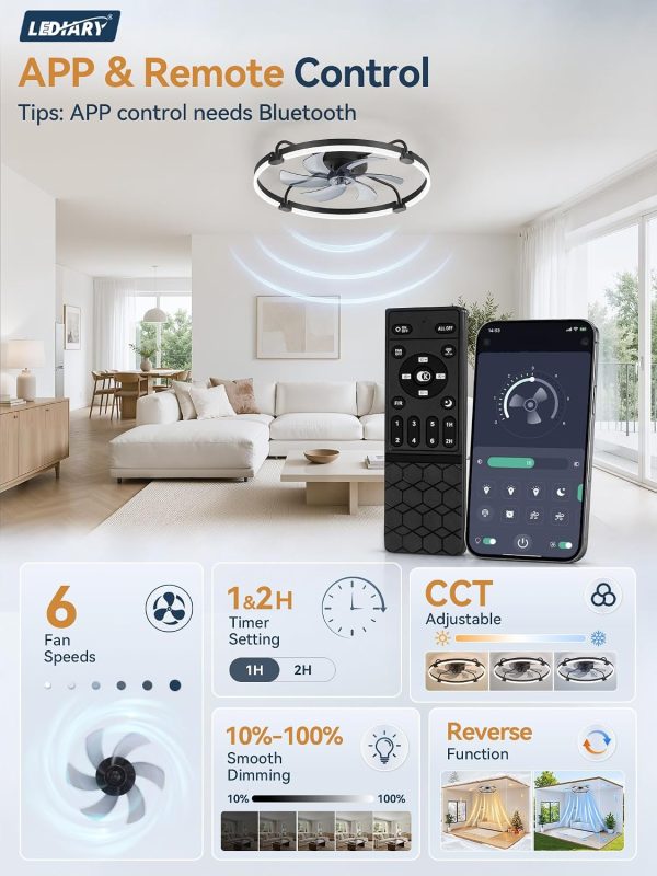 windphoto 26" Low Profile Ceiling Fans with Lights, Remote/APP Control, Black | Wider Airflow, Stepless Dimmable LED, Quiet Reversible DC Motor, 6 Speeds, 3CCT, Timer, Bedroom, Living Room, Kitchen