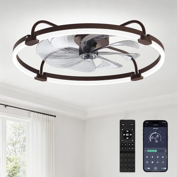 windphoto 24" Low Profile Ceiling Fans with Lights, Remote/APP Control, Brown | Wider Airflow, Stepless Dimmable LED, Quiet Reversible DC Motor, 6 Speeds, 3CCT, Timer, Bedroom, Living Room, Kitchen