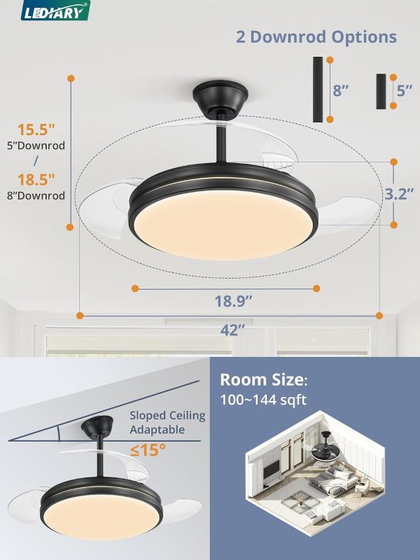 71uLcLknEjL._AC_SL1500_.jpg windphoto Retractable Ceiling Fan with Lights and Remote & APP Control, 42 Inch Fandelier Ceiling Fan with Light, 6 Speed Dimmable Reversible Memory, Modern Silent Smart Fan for Bedroom Living Room