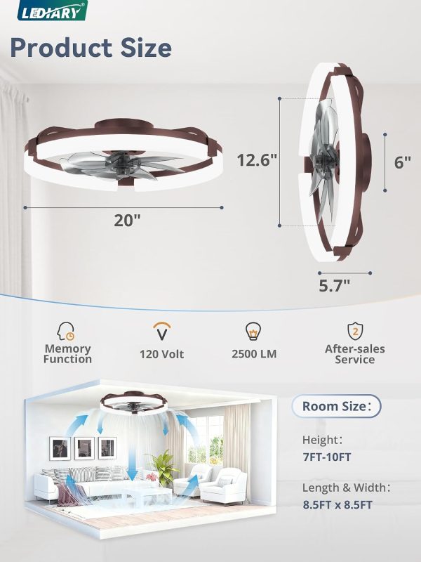 windphoto 20" Ceiling Fans with Lights, Low Profile Fandelier for Bedroom | Flush Mount Fan Light, Stepless Dimmable, App/Remote Control, 3 CCT Led, 6 Speeds, Quiet Reversible DC Motor, Brown