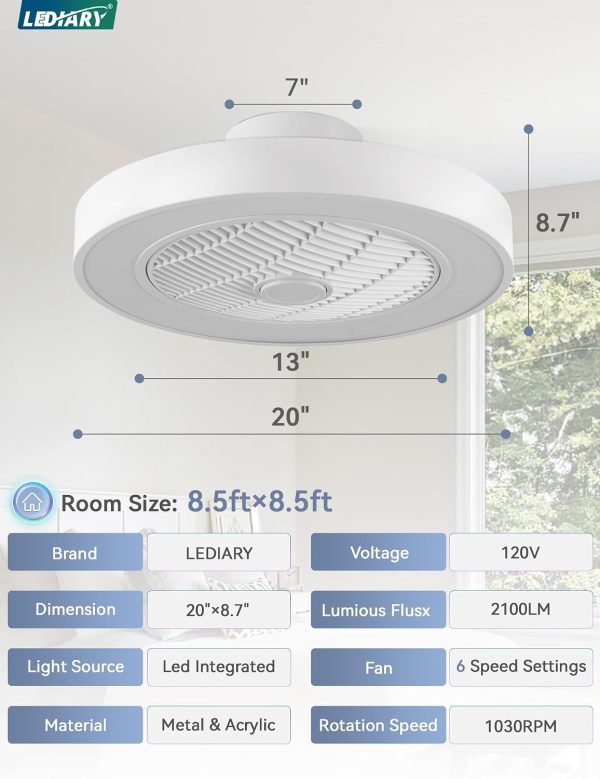 71uTtujZL9L._AC_SL1500_.jpg windphoto 20 Inch Low Profile Bladeless LED Ceiling Fan Light, White RGB | Flush Mount, Modern, 6 Speed Adjustable, 3000-6000K Dimmable, 3000LM, Indoor Bedroom Living Room, Remote/APP Control