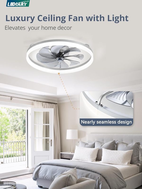 windphoto 23" Low Profile Ceiling Fans with Lights, APP & Remote, Grey | Flush Mount, Dimmable LED, Quiet DC Motor, Reversible, 6 Speeds, Fandelier, for Bedroom