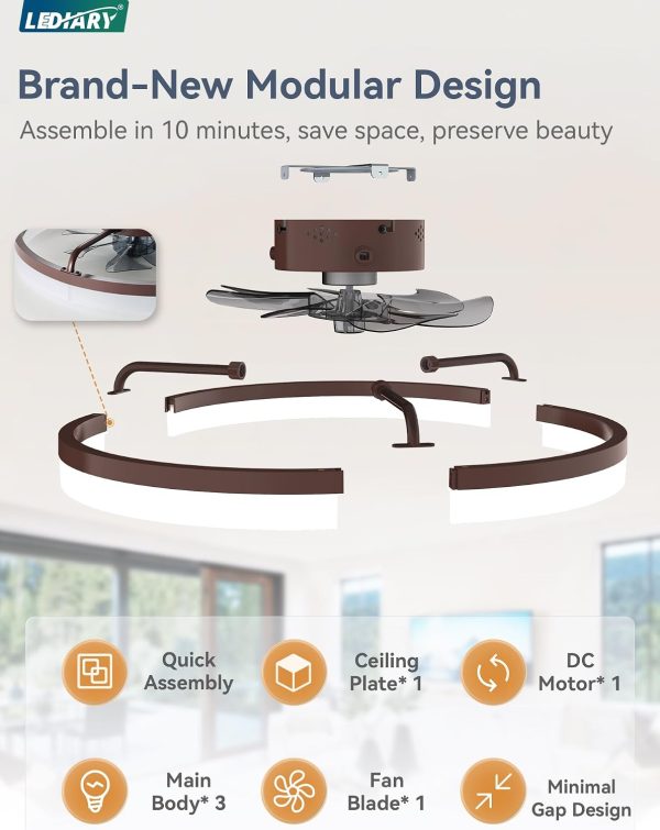 windphoto 20" Low Profile Ceiling Fans with Lights, APP & Remote, Brown | Flush Mount, Dimmable LED, Quiet DC Motor, Reversible, 6 Speeds, Fandelier, for Bedroom