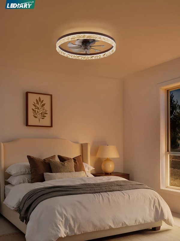 windphoto 20" Modern Ceiling Fans with Lights and Remote, Dimmable Low Profile Ceiling Fan, Flush Mount Ceiling Fan, Stepless Color Temperature Change and 6 Speeds - Brown | Fandelier, Dimmable Low Profile, Flush Mount, Stepless Color Temperature Change, 6 Speeds, Bedroom, Living Room, Kitchen
