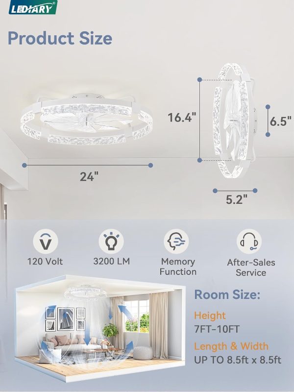 windphoto 2-Pack 24" Ceiling Fans with Lights, APP & Remote, White | Low Profile, Flush Mount, Fandelier, 3000K-6000K, Dimmable LED, for Bedroom
