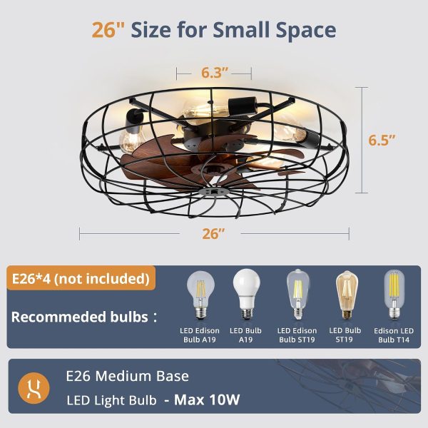 windphoto 26" Caged Farmhouse Ceiling Fans with Lights and Remote/App, Black | Flush Mount Bladeless Low Profile, Fandalier Large Rustic, Industrial Enclosed, Quiet & Powerful for Bedroom, Kitchen, Indoor