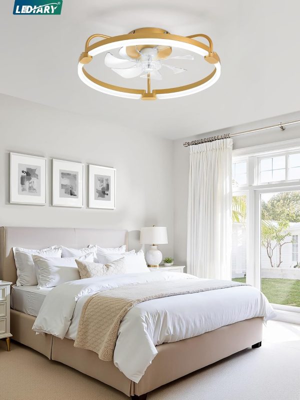 71vGS2cf1fL._AC_SL1500_.jpg windphoto 20" Ceiling Fans with Lights and Remote, Low Profile Led Fan Light | Flush Mount, Stepless Dimmable Fandelier, 6 Speeds, 3 CCT, Quiet Reversible DC Motor, 2H Timer, Bedroom, Living Room, Gold