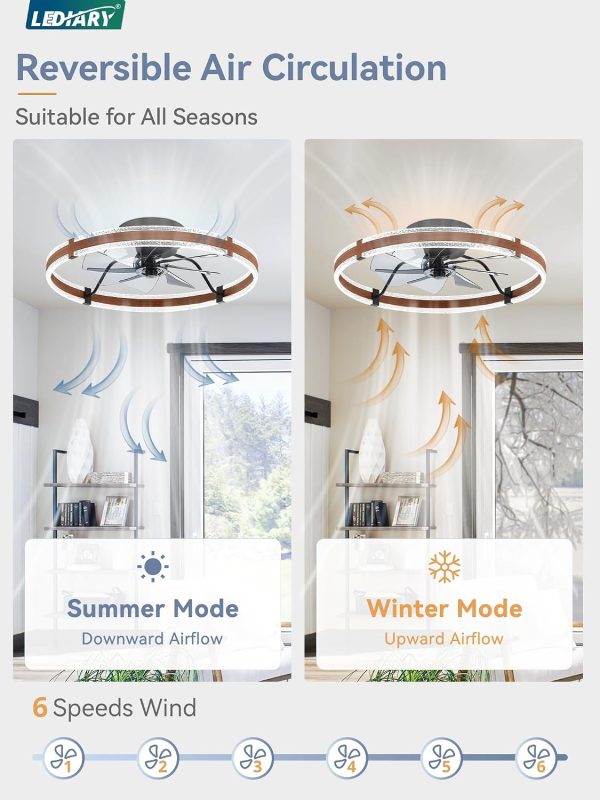 71vKbs68UJL._AC_SL1500_.jpg windphoto 24'' Modern Low Profile Ceiling Fans with Lights and Remote, Walnut | 3000-6000K Dimmable LED, 6 Wind Speeds, Quiet Reversible DC Motor, Small Flush Mount Fandelier for Bedroom, Living Room