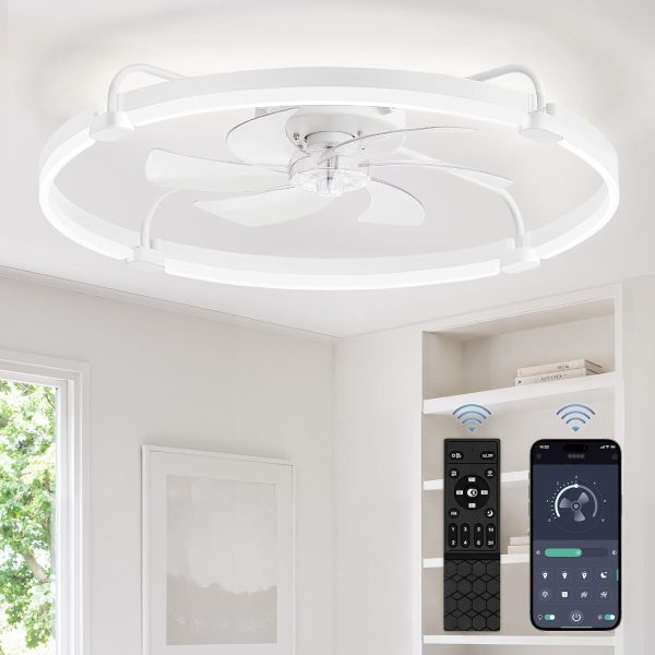 windphoto 30" Ceiling Fans with Lights and Remote, Low Profile Led Fan Light | Flush Mount, Stepless Dimmable Fandelier, 6 Speeds, 3 CCT, Quiet Reversible DC Motor, 2H Timer, Bedroom, Living Room, White