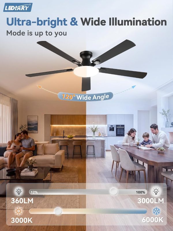 71vTBD7pQL._AC_SL1500_.jpg windphoto 60 Inch Flush Mount Ceiling Fans with Lights, Remote & APP Control | 3CCT,Stepless Dimmable,Memory Function,Timer,6-speed,Reversible Blade, Quiet DC Motor, Damp-Rated, Living Room, Covered Patio