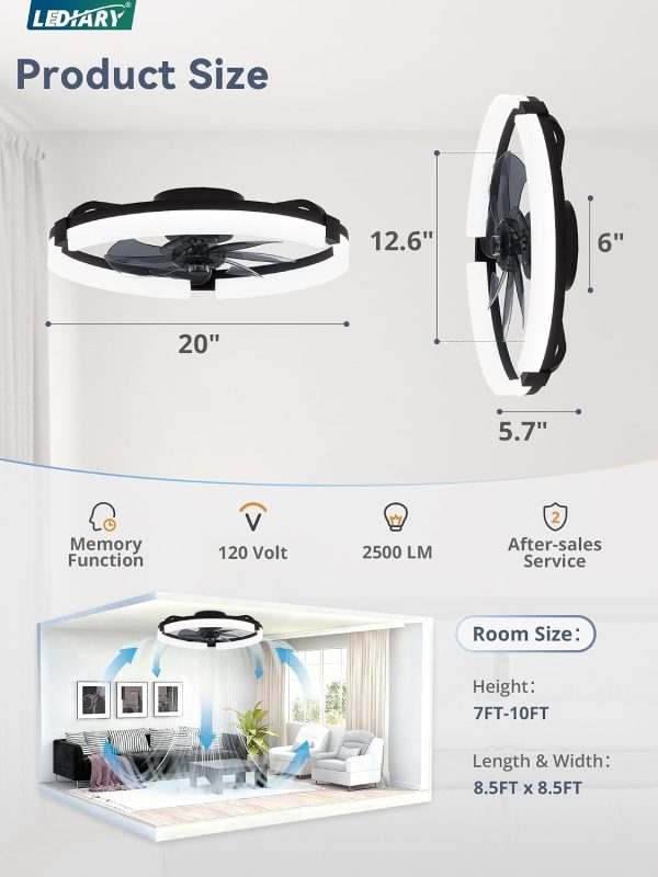 71vZ5MInyyL._AC_SL1500_.jpg windphoto 2 Pack 20" Ceiling Fans with Lights, Fandelier for Bedroom | Flush Mount Fan Light, Stepless Dimmable, App/Remote Control, 3 CCT Led, 6 Speeds, Quiet Reversible DC Motor, Black