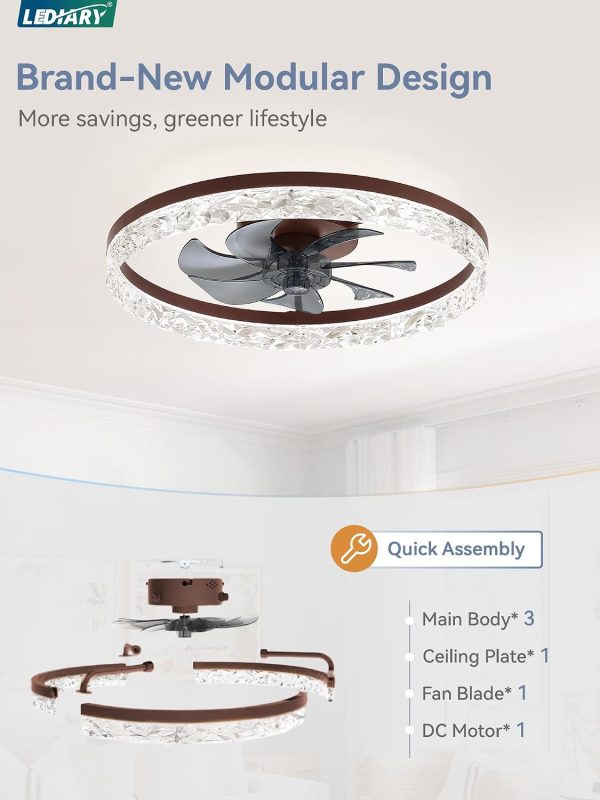 windphoto 20" Modern Ceiling Fans with Lights and Remote, Dimmable Low Profile Ceiling Fan, Flush Mount Ceiling Fan, Stepless Color Temperature Change and 6 Speeds - Brown | Fandelier, Dimmable Low Profile, Flush Mount, Stepless Color Temperature Change, 6 Speeds, Bedroom, Living Room, Kitchen
