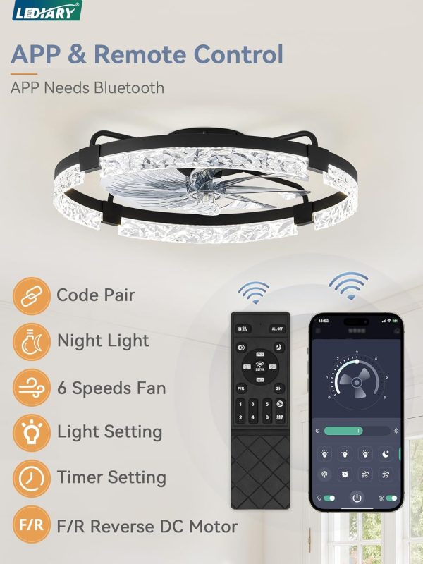 windphoto 2-Pack 24" Ceiling Fans with Lights, APP & Remote, Black | Low Profile, Flush Mount, Fandelier, 3000K-6000K, Dimmable LED, for Bedroom