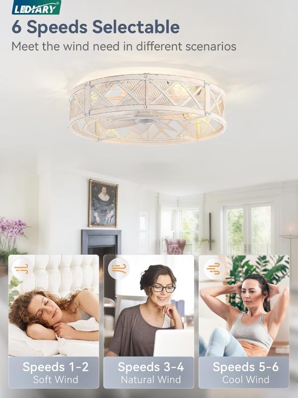 71wRkUPhtkL._AC_SL1500_.jpg windphoto 23" Caged Farmhouse Ceiling Fan with Light, Flush Mount, White Gold | Remote&APP Control, Large Low Profile, Rustic Fandaliers, Industrial Bladeless Enclosed, Powerful Motor for Bedroom, Kitchen