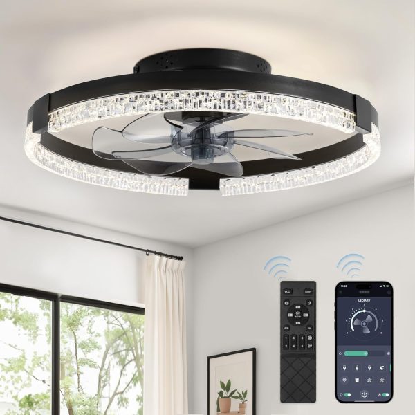 71wRs9kcCyL._AC_SL1500_.jpg windphoto 19.7" Low Profile Ceiling Fans with Lights, APP & Remote, Black | Flush Mount, Dimmable LED, Quiet DC Motor, Reversible, 6 Speeds, Fandelier, for Bedroom