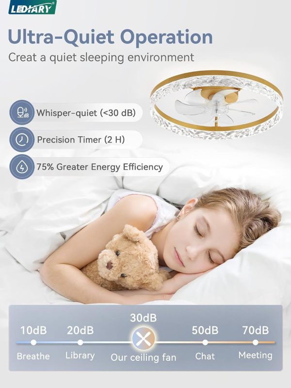 windphoto 20" Modern Ceiling Fans with Lights and Remote, Dimmable Low Profile Ceiling Fan, Flush Mount Fan, Stepless Color Temperature Change and 6 Speeds - Gold | Fandelier, Dimmable Low Profile, Flush Mount, Stepless Color Temperature Change, 6 Speeds, Bedroom, Living Room, Kitchen