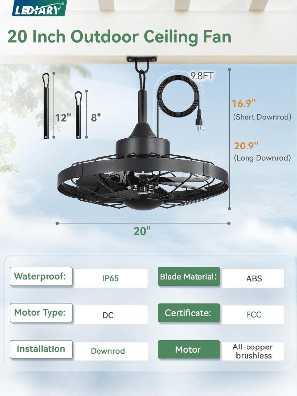 71wlrmwYvPL._AC_SL1500_.jpg windphoto 20" Outdoor Ceiling Fan No Light, Plug-in Waterproof Gazebo Fan | 6 Speeds, 3 Timers, 2 Hanging Rods, Mute Remote, Reversible Motor, Memory Function, Cage Design, for Pergola, Patio, Porch