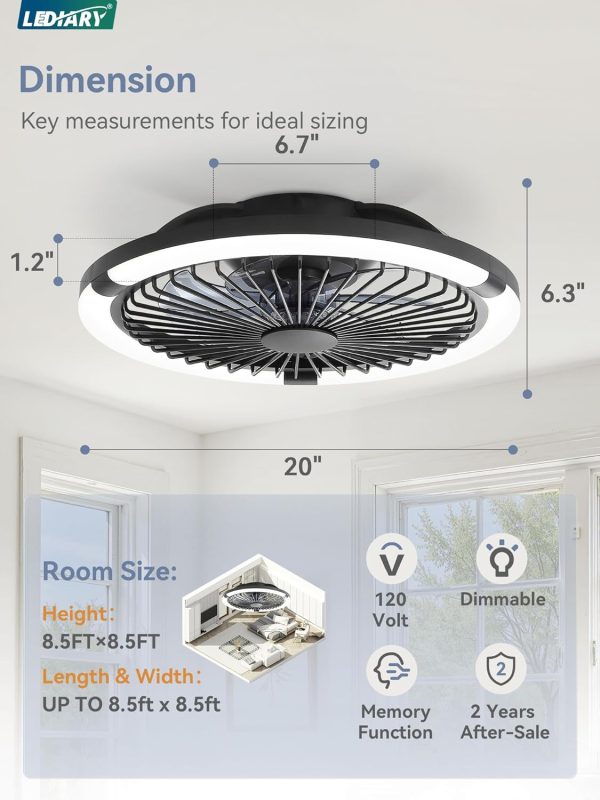 windphoto 20" Low Profile Bladeless Ceiling Fan with Light, Remote&APP, Black | Flush Mount, 6 Speed Adjustable, 3000-6000K Dimmable LED, Modern Enclosed Fandelier with Timming, Bedroom, Kids Room