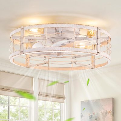 71wys6Ab1qL._AC_SL1500_.jpg windphoto 20" White Gold Caged Low Profile Ceiling Fan with Light and Remote | Flush Mount, Bladeless Enclosed Fandelier, 6 Speed, Quiet Powerful DC, Rustic,Farmhouse, Small, Bedroom, Kitchen, Indoor