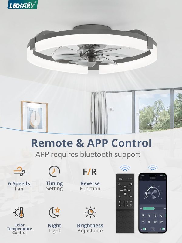 windphoto 20" Ceiling Fans with Lights, Low Profile Fandelier for Bedroom | Flush Mount Fan Light, Stepless Dimmable, App/Remote Control, 3 CCT Led, 6 Speeds, Quiet Reversible DC Motor, Grey