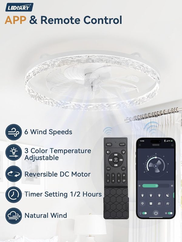 windphoto 24" Low Profile Ceiling Fans with Light and Remote, Fandelier White | Reversible Airflow, 3000-6000K Dimmable LED, 6 Speeds, DC Motor, Memory, Timer, Flush Mount, Bedroom, Living Room, Kitchen