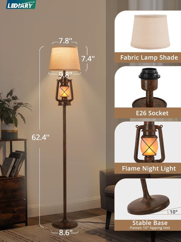 windphoto LED Farmhouse Flashing Flame Night Lantern Floor Lamp | Rustic Bronze Standing with Beige Linen Drum Lampshade, for Living Room, Bedroom Home DecorBronze Brown)