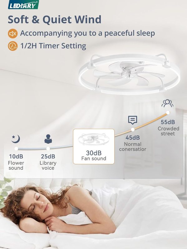 windphoto 26" Ceiling Fans with Lights and Remote, Low Profile Led Fan Light | Flush Mount, Stepless Dimmable Fandelier, 6 Speeds, 3 CCT, Quiet Reversible DC Motor, 2H Timer, Bedroom, Living Room, White