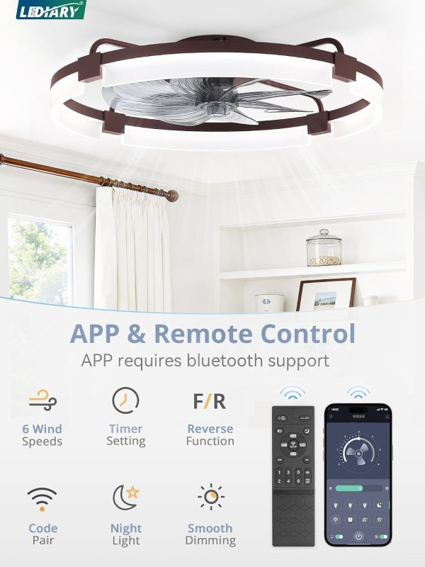 windphoto 24" Ceiling Fans with Lights, Low Profile Fandelier for Bedroom | Flush Mount Fan Light, Stepless Dimmable, App/Remote Control, 3 CCT Led, 6 Speeds, Quiet Reversible DC Motor, Brown