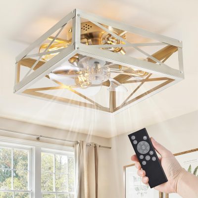 windphoto Caged Flush Mount Square Ceiling Fans with Lights and Remote | 6 Speed and Reversible, Small Modern Bladeless Brushed Nickel Ceiling Fan Low Profile for Bedroom, Kitchen